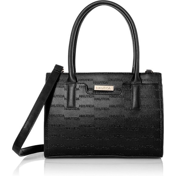 Nautica Women's Sandy Jr Satchel Black Embossed Logo Top Handle Crossbody Bag - Picture 1 of 6